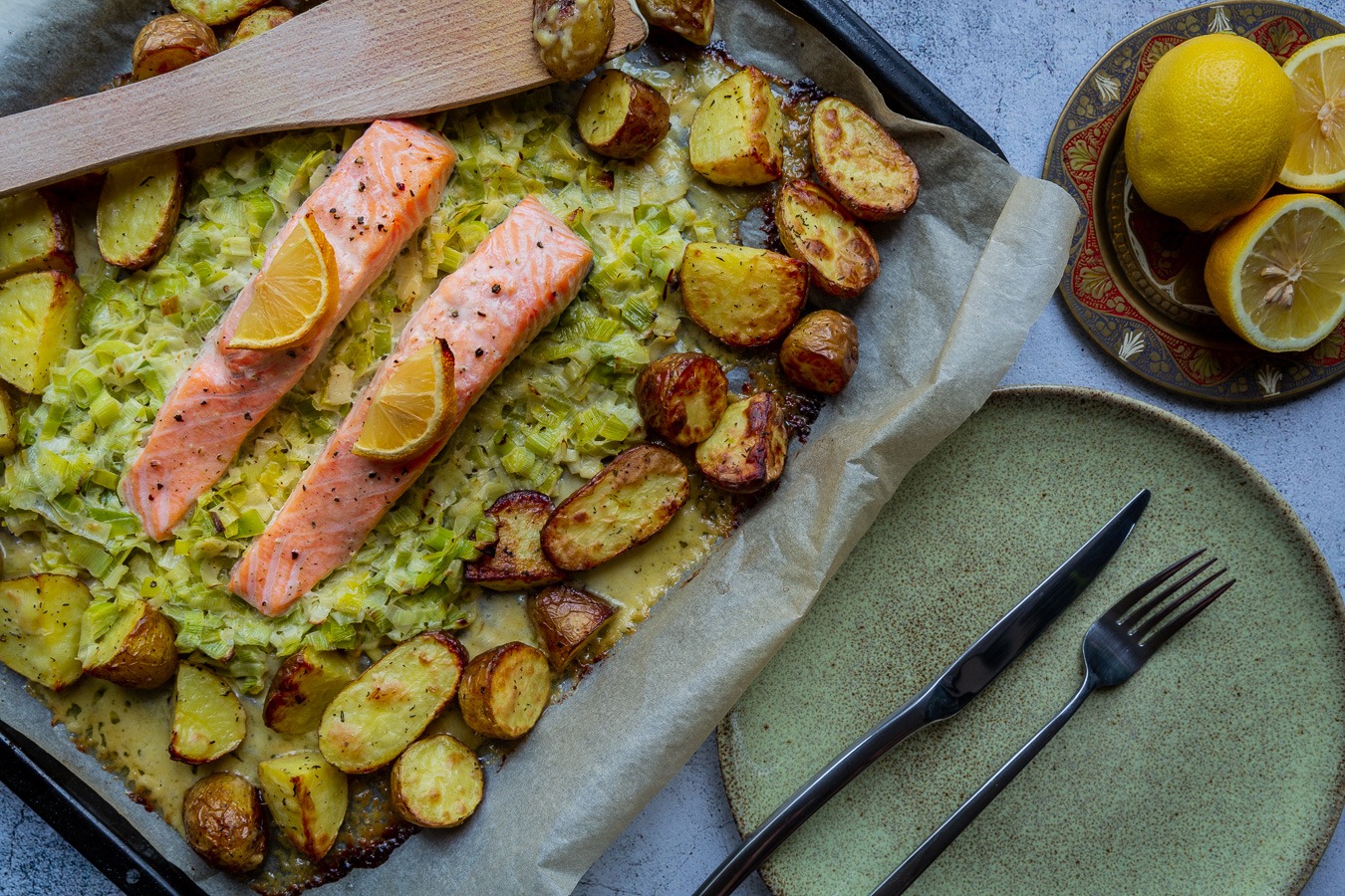 Creamy Leek & Salmon Traybake - Uncommonly Delicious
