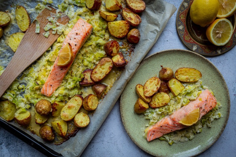 Creamy Leek & Salmon Traybake - Uncommonly Delicious